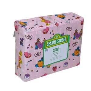 Sesame Street Queen Cotton Sheet Set Pink Hearts 4 Pc Elmo Bert Big Bird